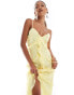 In The Style x Perrie Sian cami ruffle trim maxi dress in lemon yellow jacquard