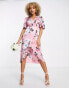 Liquorish satin wrap front midaxi dress in dusky pink floral