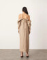 ASOS EDITION drama bardot midi dress with long sleeve in camel