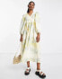 Edited cotton wrap smock dress with balloon sleeve in yellow tie dye