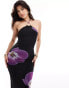 Kaiia ring detail halterneck midi bodycon dress in black and purple flower print