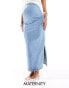 Mamalicious Maternity over the bump denim skirt with side splits in mid wash blue