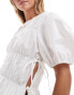 ASOS DESIGN tie side ruched top with puff sleeves in white