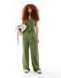 Mango tie waist jersey jumpsuit in khaki