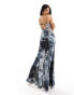 ASOS DESIGN satin lace insert keyhole maxi dress in grey abstract print