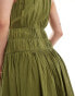 & Other Stories plisse midaxi dress with shirred detail in khaki green