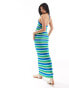 The Frolic ophina halter neck tie detail tonal metallic stripe maxi beach dress in blue and green