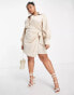 In The Style Plus x Terrie Mcevoy satin wrap mini shirt dress in stone