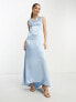 Vila Petite Bridesmaid satin v neck maxi dress with train in pastel blue