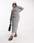 ASOS DESIGN Curve ribbed long sleeve midi dress with crochet insert in grey