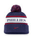 Men's Navy Philadelphia Phillies Team Stripe Peak Cuffed Knit Hat with Pom