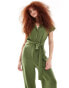 Mango tie waist jersey jumpsuit in khaki