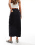 Vila high waisted denim front split midi skirt in black wash