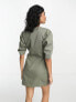 ASOS DESIGN pleated banana sleeve twill mini dress in dark green