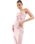 Pieces mesh bandeau tube maxi dress in pink swirl print