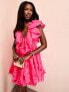 ASOS LUXE 3D floral organza ruffle skater mini dress in hot pink