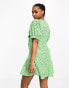 Pieces tie front mini dress in green floral