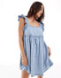 ASOS DESIGN soft denim smock mini dress with bow back in bleach wash