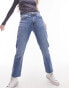 Topshop cropped mid rise straight jeans with raw hem in mid blue