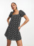 New look tie back puff sleeve broderie mini dress in black