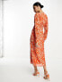 Pretty Lavish long sleeve tie midaxi dress in orange zebra