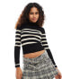 Noisy May high neck ribbed jumper in black with cream stripes