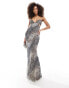 ASOS DESIGN embellished bodice maxi dress with open back in grey animal print