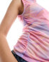 Pieces high neck ruched mesh cami top in pink multi ombre