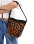 ASOS DESIGN premium leather leopard bucket shoulder bag in brown