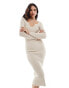 YAS ribbed bodycon knitted midi dress with tie neck in cream - CREAM