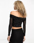 Heartbreak bardot glitter mesh top in black