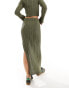 Reclaimed Vintage ribbed knitted midi skirt with tie detail in khaki co-ord