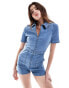 ASOS DESIGN denim short sleeve playsuit with zip through in midwash blue