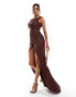 ASOS DESIGN plisse one shoulder premium drape maxi dress with super high split in chocolate