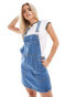 DTT Petite Lucine denim pinafore dress with pockets in mid blue