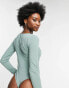 ASOS DESIGN v neck lace trim long sleeve bodysuit in sage