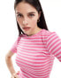 Pieces ribbed t-shirt mini dress in pink stripe