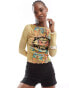 Reclaimed Vintage long sleeve slash neck mesh top in floral animal print