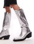 Topshop Rose premium leather western knee high boots in silver