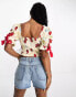 Neon Rose cherry print bow detail shirred crop top in cream