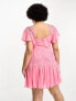 ASOS DESIGN Curve exclusive embroidered cut out mini dress with pephem and frills in pink