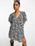 New Look puff sleeve tie back mini smock dress in zebra print