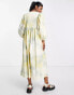 Edited cotton wrap smock dress with balloon sleeve in yellow tie dye