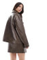 SNDYS leather look oversized collar jacket co-ord in washed brown