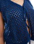 Pieces crochet tie front vest top in navy blue