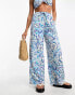 ASOS DESIGN co-ord crinkle shirred waist wide leg trouser in blue swirl