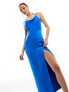 Flounce London satin strappy maxi dress with split in bright blue