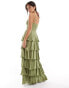 Pretty Lavish gold ring detail tiered maxi dress in moss green