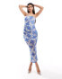 ASOS DESIGN bandeau midi dress with drape mesh bodice in blue tile print