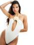 Candypants cut out halter flower detail swimsuit in cream